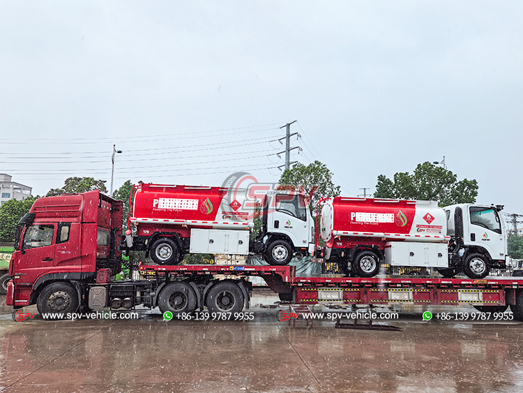 2 Units of ISUZU NPR Refueling Trucks Loaded onto Flatbed Trucks